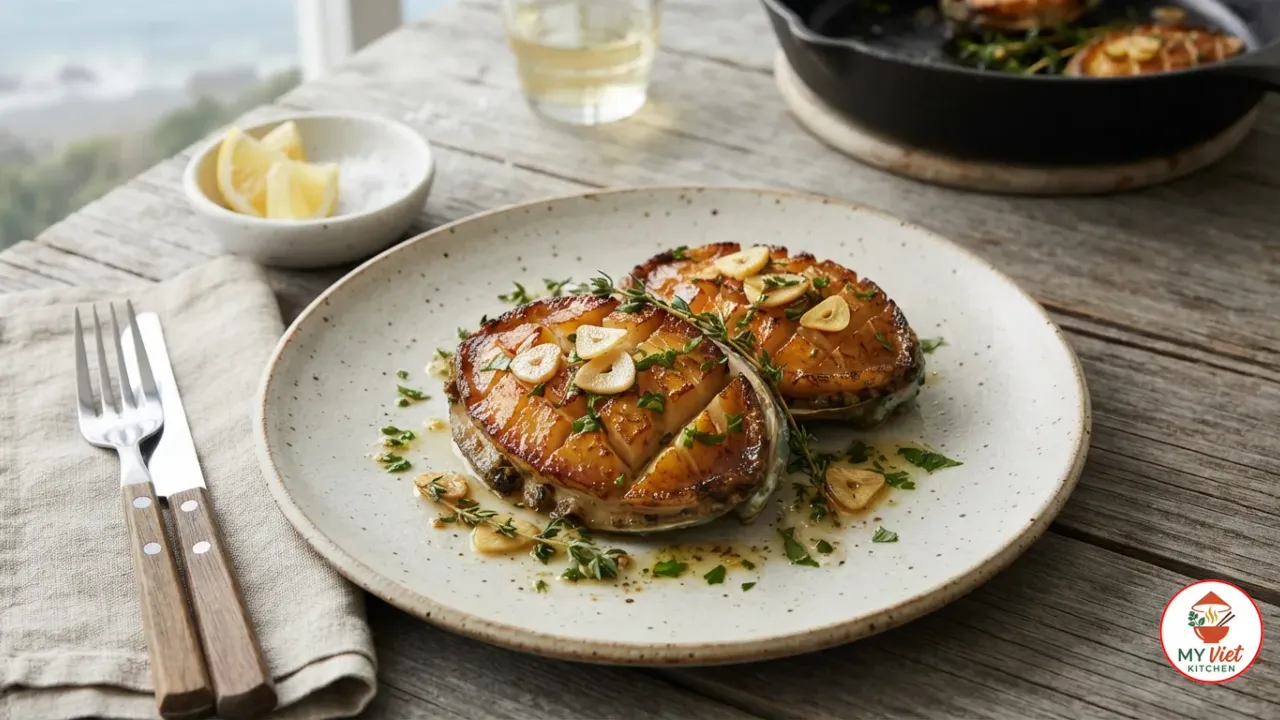 Pan-seared Australian wild abalone with garlic butter sauce