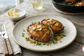 Pan-seared Australian wild abalone with garlic butter sauce
