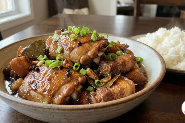 Filipino chicken and pork adobo garnished with green onions, served with steamed rice