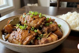 Filipino chicken and pork adobo garnished with green onions, served with steamed rice