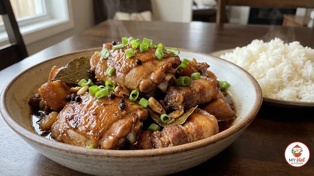Filipino chicken and pork adobo garnished with green onions, served with steamed rice