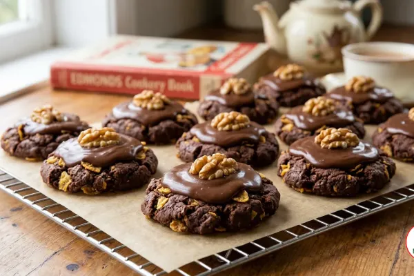 Classic New Zealand Afghan biscuits with chocolate icing and walnut halves on a cooling rack