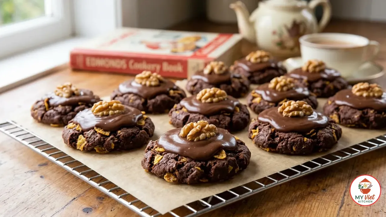 Classic New Zealand Afghan biscuits with chocolate icing and walnut halves on a cooling rack