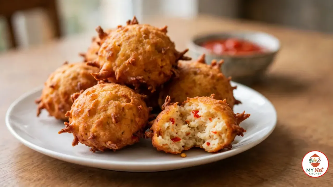 Golden, crispy akara Nigerian bean cakes on a plate, one broken open to show the fluffy inside