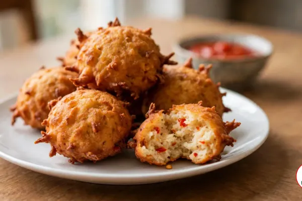 Golden, crispy akara Nigerian bean cakes on a plate, one broken open to show the fluffy inside