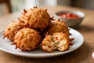Golden, crispy akara Nigerian bean cakes on a plate, one broken open to show the fluffy inside