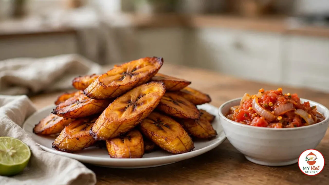 Golden fried alloco plantain slices piled on a white plate beside a bowl of spicy tomato and onion sauce and half a lime