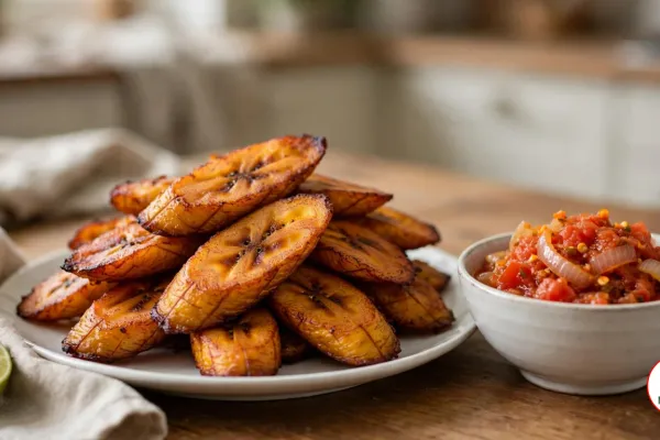 Golden fried alloco plantain slices piled on a white plate beside a bowl of spicy tomato and onion sauce and half a lime