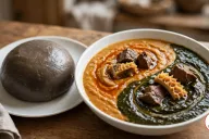 A smooth mound of amala on a white plate beside a bowl of golden gbegiri and green ewedu swirled together, topped with beef and honeycomb tripe