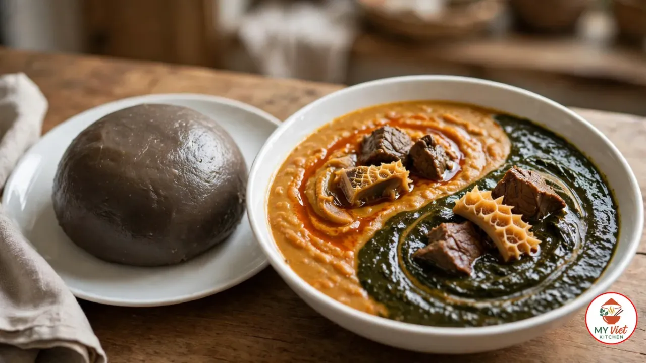 A smooth mound of amala on a white plate beside a bowl of golden gbegiri and green ewedu swirled together, topped with beef and honeycomb tripe