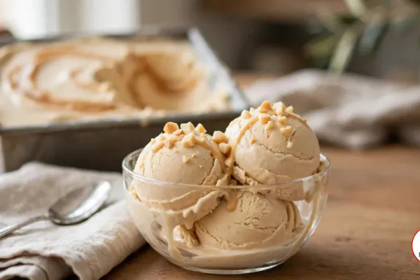 Three scoops of Amarula ice cream with a caramel drizzle and chopped macadamia nuts in a glass bowl, with the caramel-swirled loaf pan behind