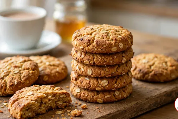 A stack of golden ANZAC biscuits on a rustic wooden board, with one broken in half to show the chewy oat inside, and a cup of milky tea and a jar of golden syrup behind