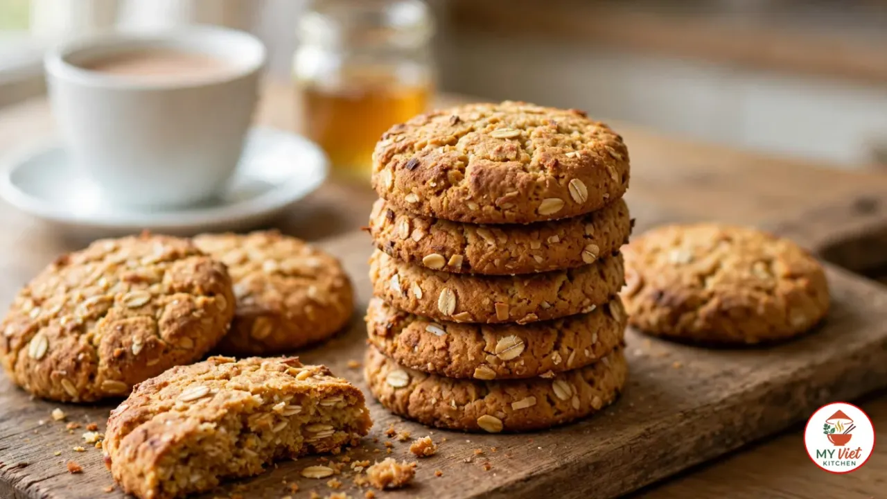 A stack of golden ANZAC biscuits on a rustic wooden board, with one broken in half to show the chewy oat inside, and a cup of milky tea and a jar of golden syrup behind