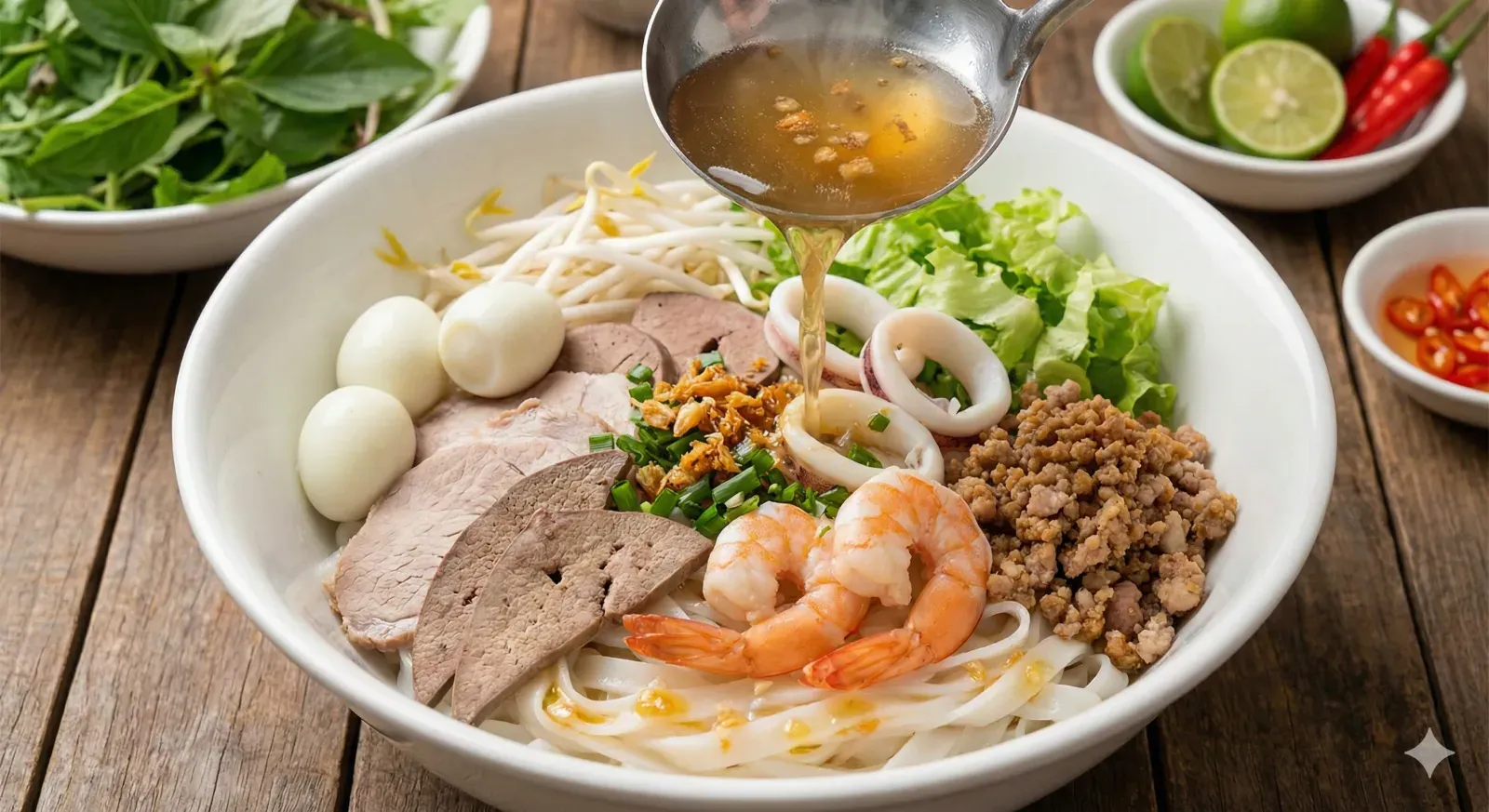 Assembled bowl of Hu Tieu Nam Vang with pork, shrimp, and herbs