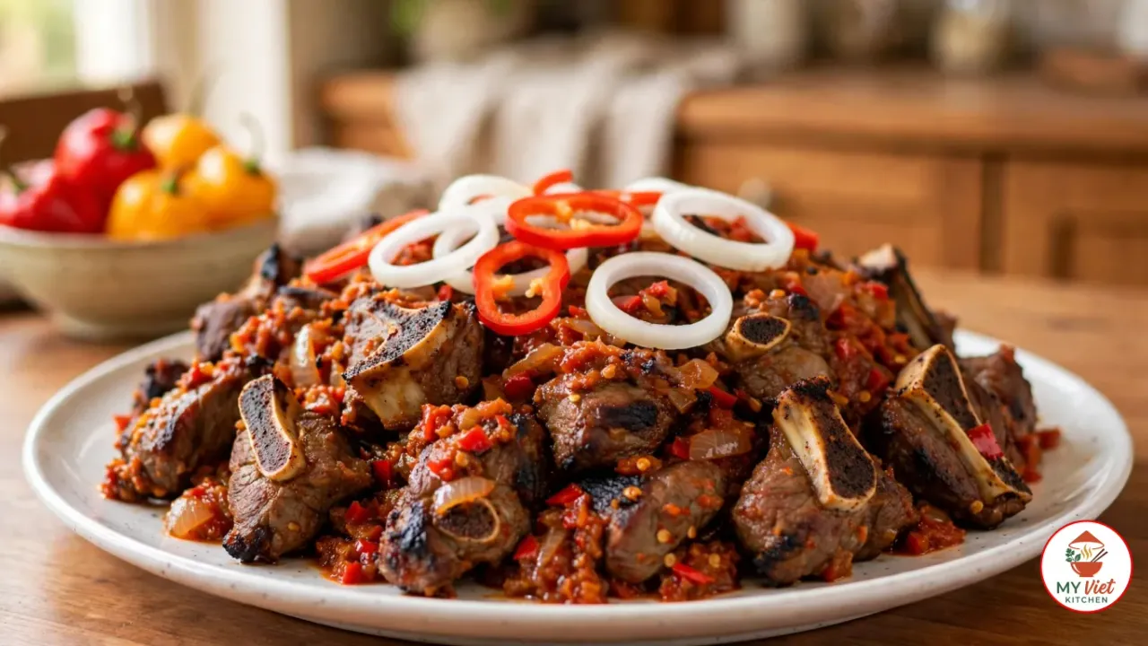 Charred bone-in goat meat asun glazed in a coarse red pepper sauce, piled on a white platter under raw onion rings and red pepper rings, with a bowl of fresh peppers behind