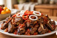 Charred bone-in goat meat asun glazed in a coarse red pepper sauce, piled on a white platter under raw onion rings and red pepper rings, with a bowl of fresh peppers behind