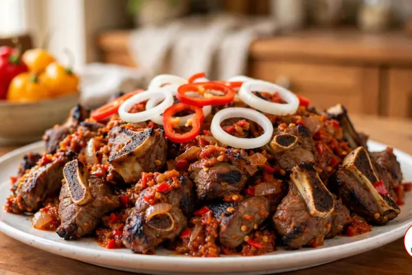 Charred bone-in goat meat asun glazed in a coarse red pepper sauce, piled on a white platter under raw onion rings and red pepper rings, with a bowl of fresh peppers behind