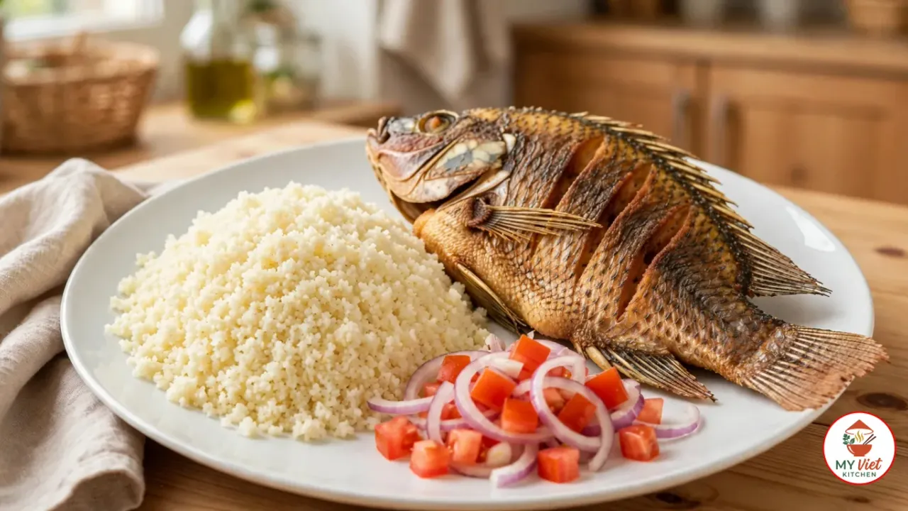 A mound of fluffy attieke on a white plate beside a whole fried, scored tilapia and a diced tomato and red onion salad