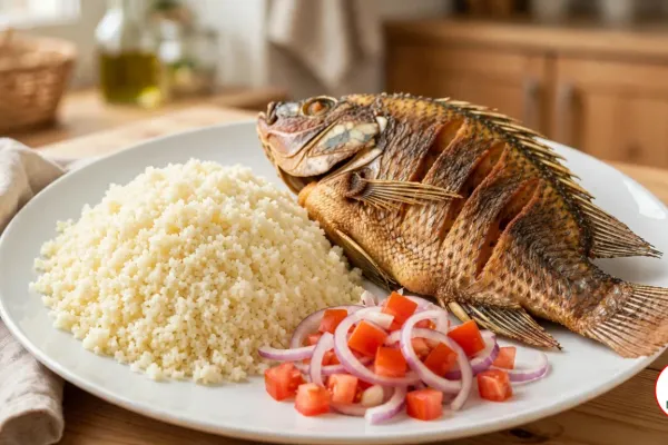 A mound of fluffy attieke on a white plate beside a whole fried, scored tilapia and a diced tomato and red onion salad