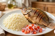 A mound of fluffy attieke on a white plate beside a whole fried, scored tilapia and a diced tomato and red onion salad