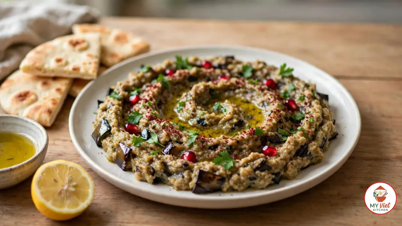 A wide off-white plate of chunky baba ganoush swirled around a well of olive oil, topped with parsley, sumac and pomegranate seeds, beside warm pita wedges, half a lemon and a small bowl of olive oil