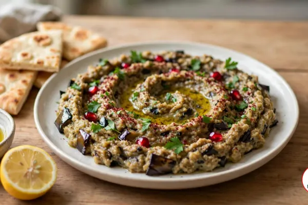 A wide off-white plate of chunky baba ganoush swirled around a well of olive oil, topped with parsley, sumac and pomegranate seeds, beside warm pita wedges, half a lemon and a small bowl of olive oil