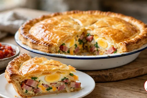 A golden puff-pastry bacon and egg pie in a white enamel pie dish on a wooden board, with a wedge on a white plate showing whole set eggs, bacon and parsley, beside a bowl of tomato relish