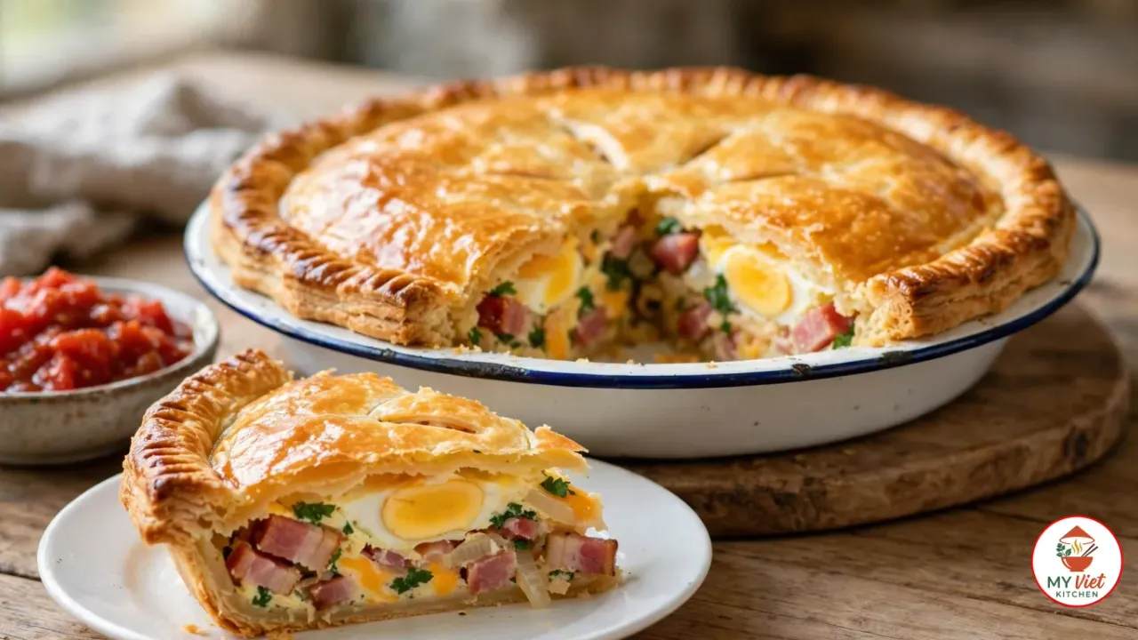 A golden puff-pastry bacon and egg pie in a white enamel pie dish on a wooden board, with a wedge on a white plate showing whole set eggs, bacon and parsley, beside a bowl of tomato relish