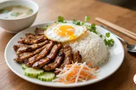 A white plate of bai sach chrouk with glossy caramelized grilled pork slices fanned beside jasmine rice topped with a sunny-side-up egg, cucumber slices, pickled daikon and carrot and cilantro, with a small white bowl of clear broth, wooden chopsticks and a spoon on a wooden table