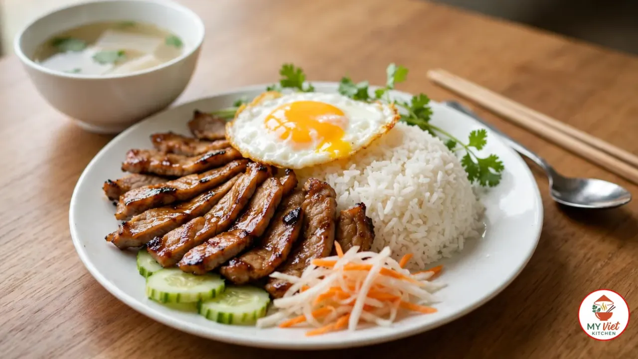 A white plate of bai sach chrouk with glossy caramelized grilled pork slices fanned beside jasmine rice topped with a sunny-side-up egg, cucumber slices, pickled daikon and carrot and cilantro, with a small white bowl of clear broth, wooden chopsticks and a spoon on a wooden table