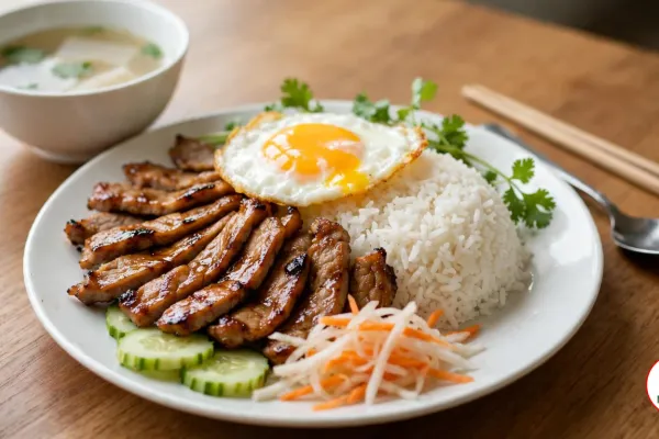 A white plate of bai sach chrouk with glossy caramelized grilled pork slices fanned beside jasmine rice topped with a sunny-side-up egg, cucumber slices, pickled daikon and carrot and cilantro, with a small white bowl of clear broth, wooden chopsticks and a spoon on a wooden table