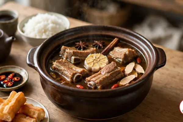 A dark brown glazed clay pot of pork spare ribs in dark amber herbal broth with a halved head of garlic, star anise, a cinnamon stick, angelica root slices and goji berries, on a wooden table with steamed rice, fried dough sticks, dark soy sauce with sliced red chilies, a clay teapot and a cup of Chinese tea