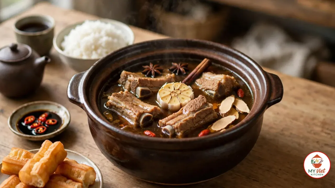A dark brown glazed clay pot of pork spare ribs in dark amber herbal broth with a halved head of garlic, star anise, a cinnamon stick, angelica root slices and goji berries, on a wooden table with steamed rice, fried dough sticks, dark soy sauce with sliced red chilies, a clay teapot and a cup of Chinese tea
