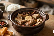 A dark brown glazed clay pot of pork spare ribs in dark amber herbal broth with a halved head of garlic, star anise, a cinnamon stick, angelica root slices and goji berries, on a wooden table with steamed rice, fried dough sticks, dark soy sauce with sliced red chilies, a clay teapot and a cup of Chinese tea