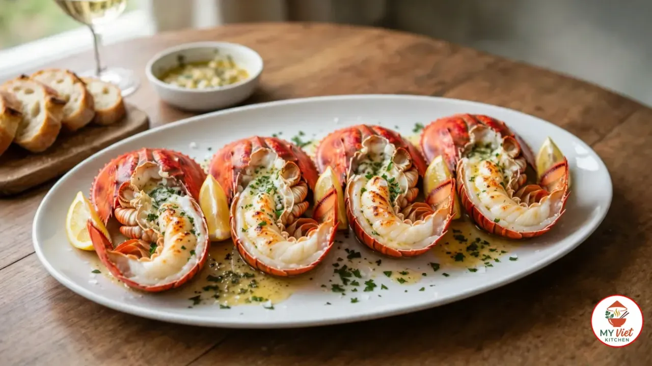 Four grilled Balmain bugs opened flat, their charred white tail meat glossy with garlic parsley butter in orange-red shells, on an oval white platter with lemon wedges, beside sliced sourdough, a bowl of garlic butter and a glass of white wine on a wooden table