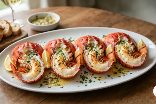 Four grilled Balmain bugs opened flat, their charred white tail meat glossy with garlic parsley butter in orange-red shells, on an oval white platter with lemon wedges, beside sliced sourdough, a bowl of garlic butter and a glass of white wine on a wooden table