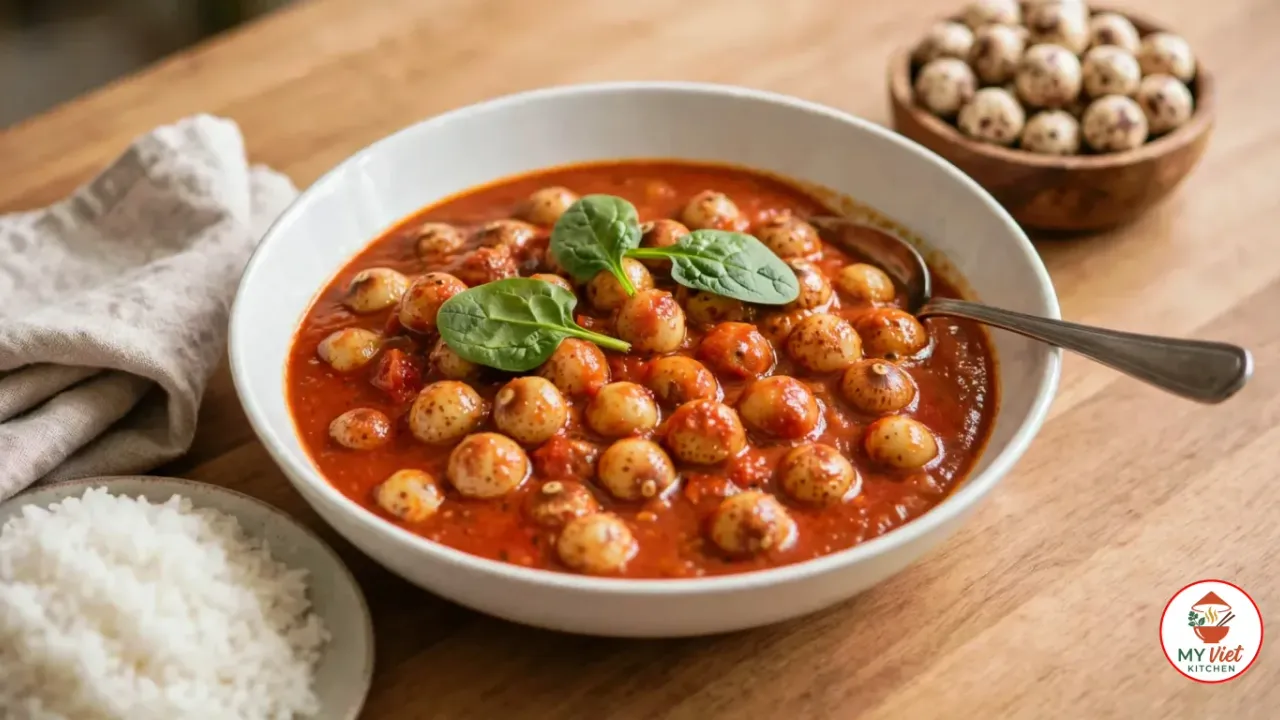 A deep white bowl of thick orange-red bambara groundnut stew with whole cream and speckled beans, topped with fresh spinach leaves and a spoon, beside steamed white rice, a linen napkin and a wooden bowl of dried bambara groundnuts on a wooden table