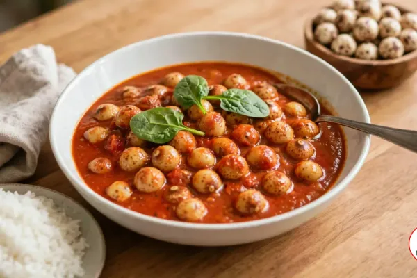 A deep white bowl of thick orange-red bambara groundnut stew with whole cream and speckled beans, topped with fresh spinach leaves and a spoon, beside steamed white rice, a linen napkin and a wooden bowl of dried bambara groundnuts on a wooden table