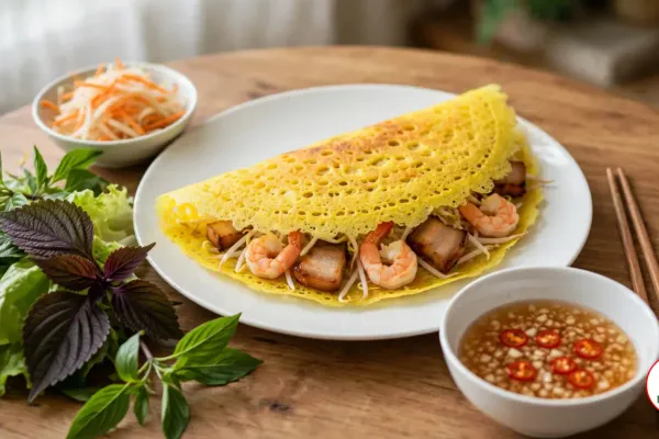 A folded turmeric-yellow banh xeo crepe filled with shrimp, pork belly and bean sprouts on a white plate, with lettuce, perilla and basil, pickled carrot and kohlrabi, and a bowl of nuoc cham on a wooden table