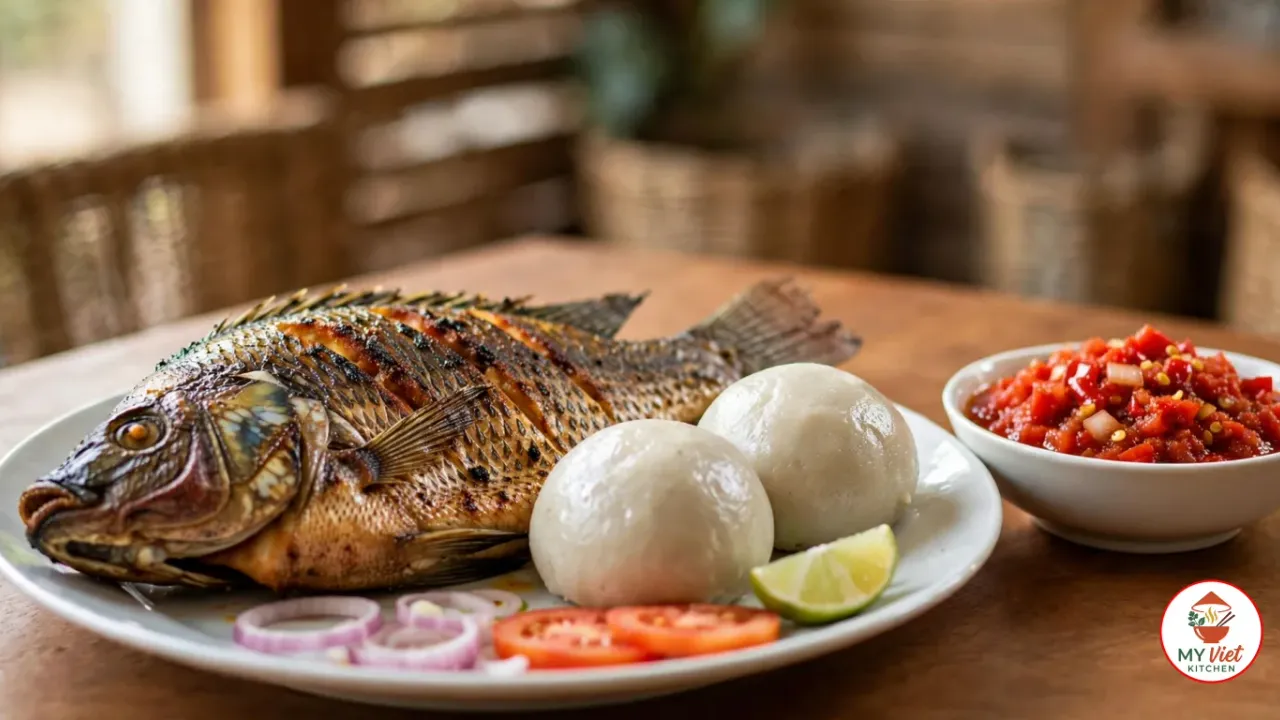 A whole grilled tilapia with golden, charred, diagonally scored skin beside two smooth off-white banku balls on a white plate with raw red onion rings, tomato slices and a lime wedge, next to a small white bowl of coarse bright red pepper sauce on a wooden table