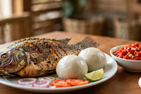 A whole grilled tilapia with golden, charred, diagonally scored skin beside two smooth off-white banku balls on a white plate with raw red onion rings, tomato slices and a lime wedge, next to a small white bowl of coarse bright red pepper sauce on a wooden table