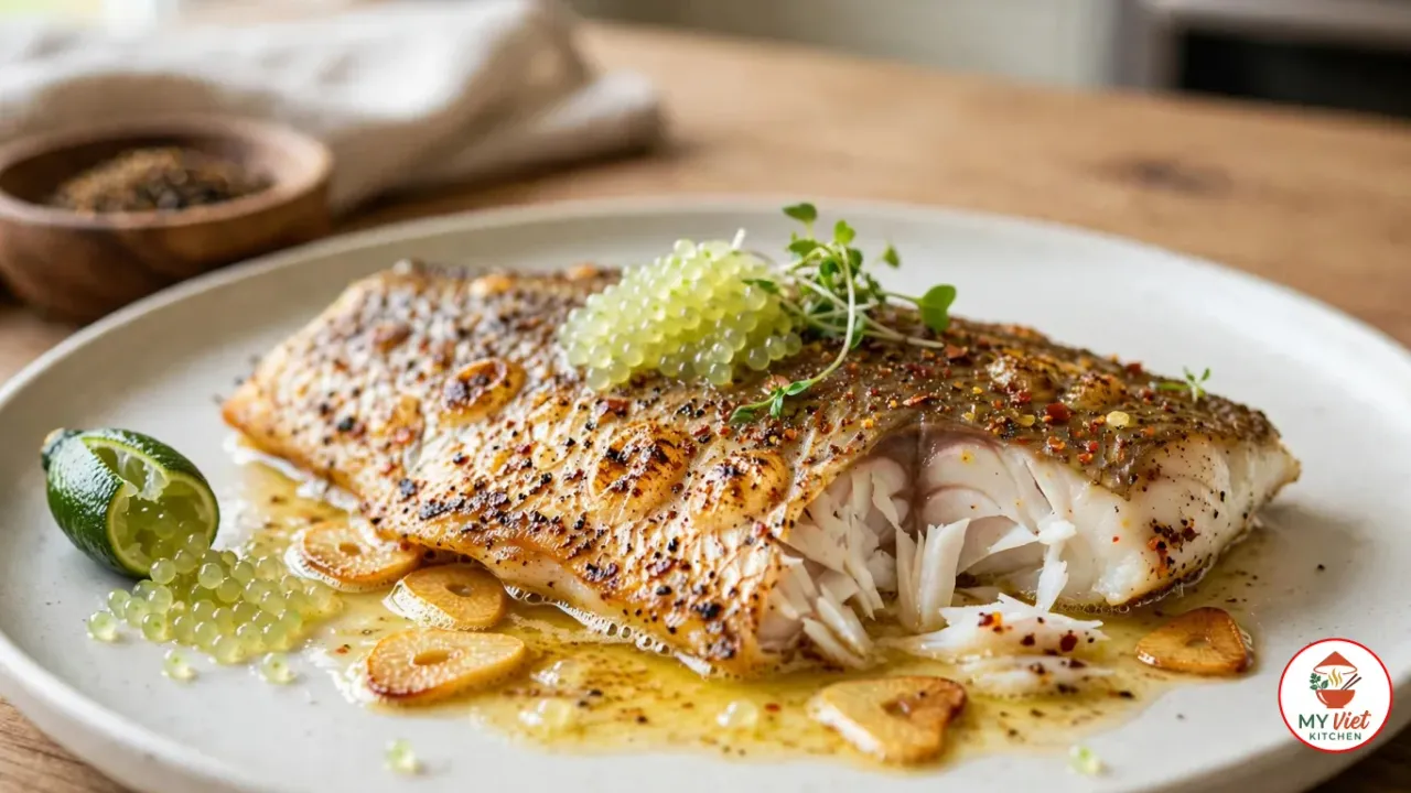 A pan-seared barramundi fillet served skin side up, its crisp golden skin speckled with a dark bush spice blend and topped with pale green finger lime pearls and micro herbs, on an off-white stoneware plate in garlic butter with golden garlic slices, a cut finger lime spilling its pearls beside it, a wooden bowl of ground spice and a linen napkin behind it on a wooden table