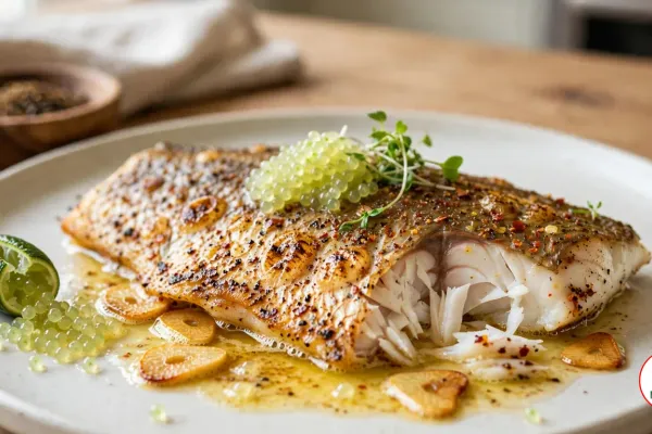 A pan-seared barramundi fillet served skin side up, its crisp golden skin speckled with a dark bush spice blend and topped with pale green finger lime pearls and micro herbs, on an off-white stoneware plate in garlic butter with golden garlic slices, a cut finger lime spilling its pearls beside it, a wooden bowl of ground spice and a linen napkin behind it on a wooden table