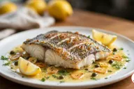 A thick pan-seared barramundi fillet, skin side up with crisp scored silvery skin blistered golden, on a white plate in lemon butter sauce with golden garlic slices, capers, parsley and dill, two lemon wedges on the plate, whole lemons and a linen napkin behind it on a wooden table