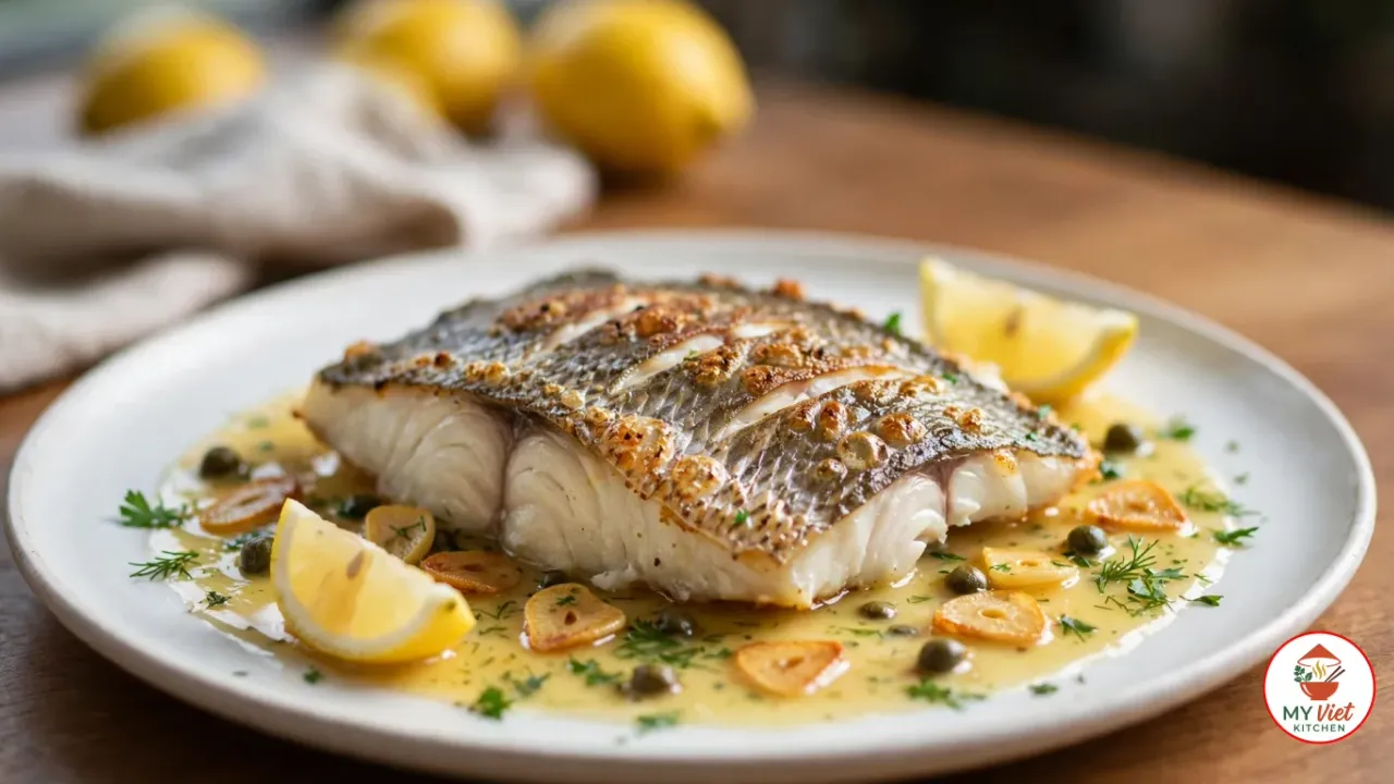 A thick pan-seared barramundi fillet, skin side up with crisp scored silvery skin blistered golden, on a white plate in lemon butter sauce with golden garlic slices, capers, parsley and dill, two lemon wedges on the plate, whole lemons and a linen napkin behind it on a wooden table