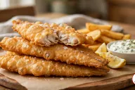 Three long beer-battered flathead fillets in a puffed, bubbly golden batter stacked on brown baking paper on a round wooden board, the top fillet broken open to show white flaky fish, with thick-cut chips, lemon wedges and a bowl of tartare sauce with capers and dill beside them