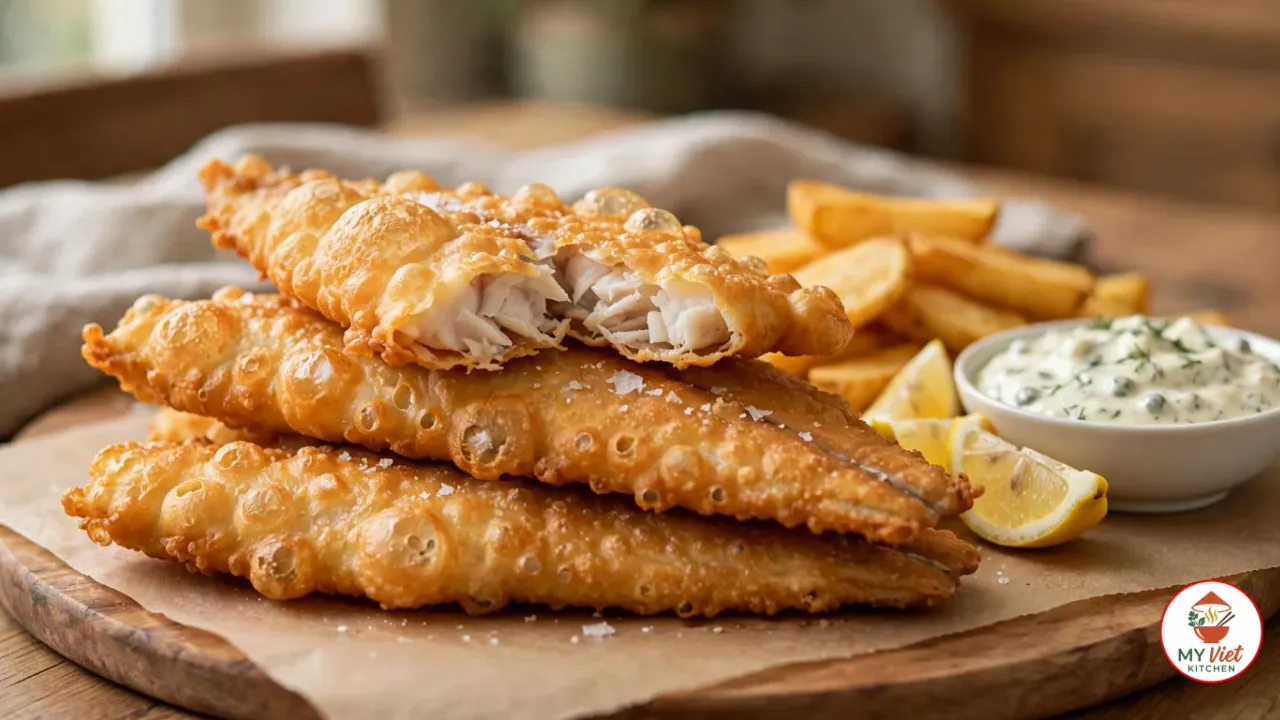 Three long beer-battered flathead fillets in a puffed, bubbly golden batter stacked on brown baking paper on a round wooden board, the top fillet broken open to show white flaky fish, with thick-cut chips, lemon wedges and a bowl of tartare sauce with capers and dill beside them