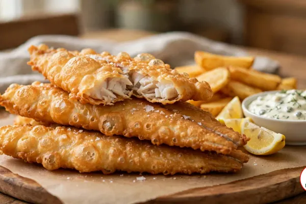 Three long beer-battered flathead fillets in a puffed, bubbly golden batter stacked on brown baking paper on a round wooden board, the top fillet broken open to show white flaky fish, with thick-cut chips, lemon wedges and a bowl of tartare sauce with capers and dill beside them