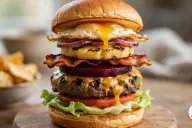A tall Australian burger with the lot on a round wooden board, stacked from a toasted bun base with iceberg lettuce, tomato, a grilled beef patty under melted cheddar, a deep purple slice of beetroot, crispy bacon, a char-marked grilled pineapple ring, red onion rings and a fried egg whose runny yolk drips down the stack, with a bowl of chips blurred behind