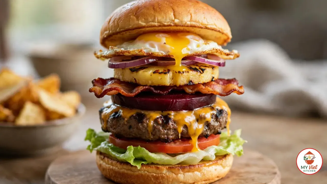 A tall Australian burger with the lot on a round wooden board, stacked from a toasted bun base with iceberg lettuce, tomato, a grilled beef patty under melted cheddar, a deep purple slice of beetroot, crispy bacon, a char-marked grilled pineapple ring, red onion rings and a fried egg whose runny yolk drips down the stack, with a bowl of chips blurred behind